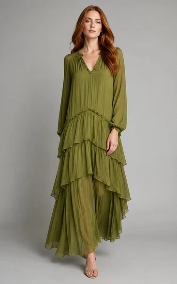Sage Long Sleeve Chiffon A-Line Dress with Tiered Ruffle Skirt