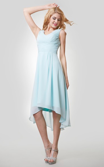 High-Low Chiffon Sleeveless V-Neck Dress With Ruching
