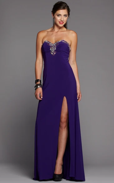 Sheath Sweetheart Sleeveless Jersey Lace-Up Dress With Beading And Split Front