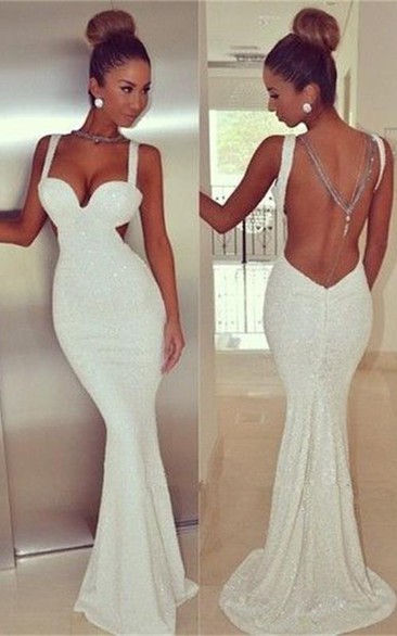 Sexy Backless White Sequins Prom Dress White Mermaid Sleeveless