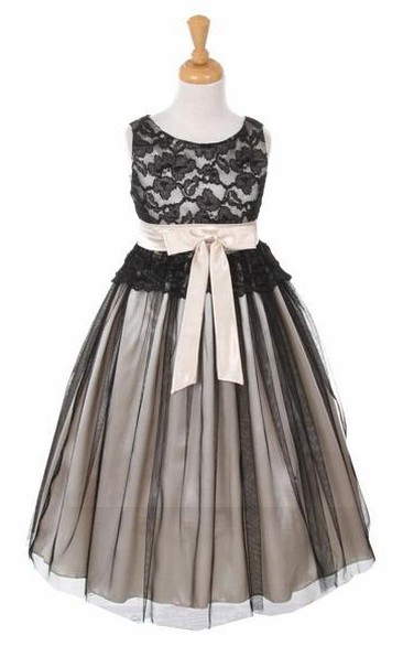 Tea-Length Sleeveless Tulle&Lace Flower Girl Dress