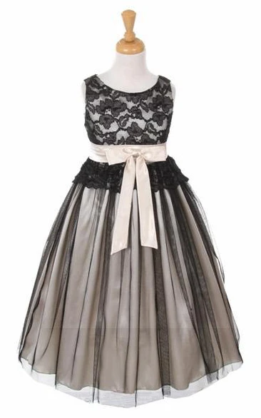 Tea-Length Sleeveless Tulle&Lace Flower Girl Dress