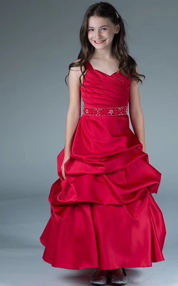 Flower Girl V Neck Taffeta Ball Gown With Ruffles And Beading Waist