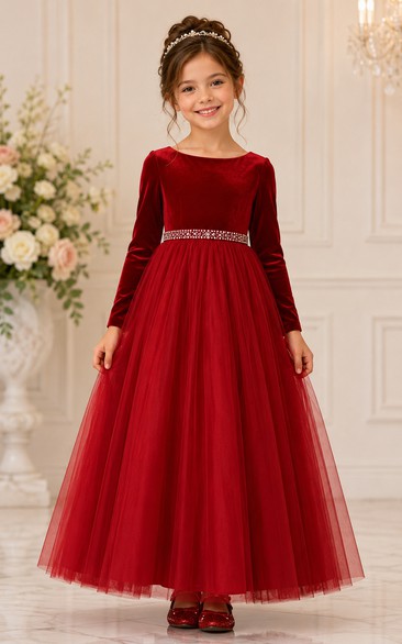 Red Long Sleeve A-Line Tulle Flower Girl Dress with Bow Sash