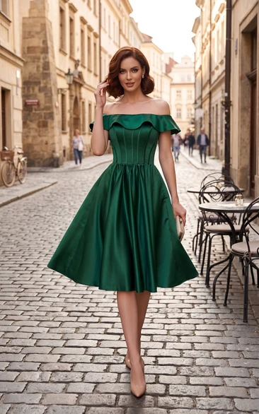 Off-the-shoulder Pleated Knee-length Short Satin Dress