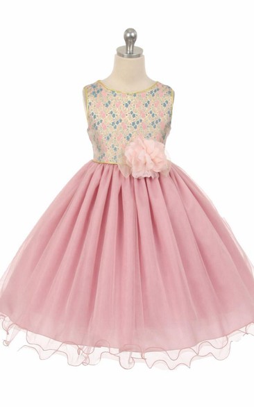 Tea-Length Floral Floral Beaded Tulle Flower Girl Dress With Sash