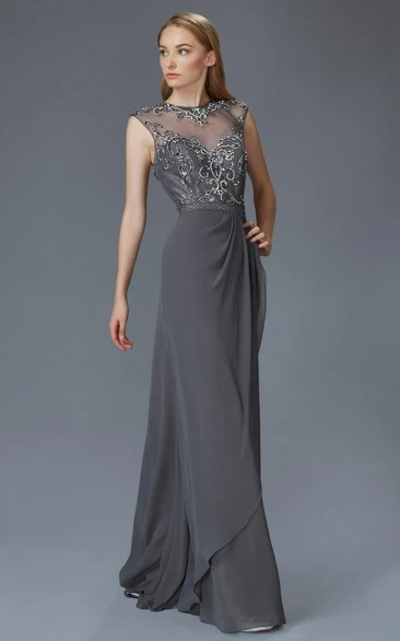 Sheath Jewel-Neck Cap-Sleeve Chiffon Illusion Dress With Beading And Lace