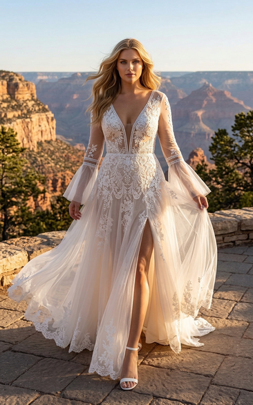 Plus Size Sexy Boho Wedding Dress with Long Illusion Sleeves, Deep V Neck Lace A-Line Bridal Gown with Front Split