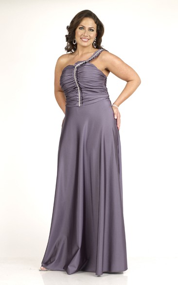 Floor-length One-shoulder Sleeveless Jersey Ruching Sweep Train Zipper Dress