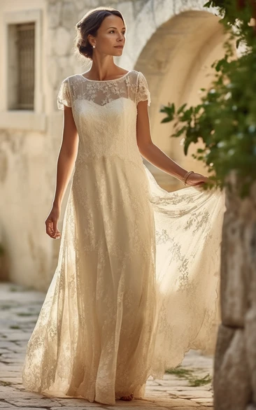 Lace Vintage Short-sleeve Flowy Casual Wedding Dress