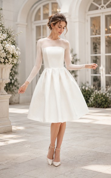 Weißes, langärmeliges Brautkleid mit Illusion-Effekt und Teelänge