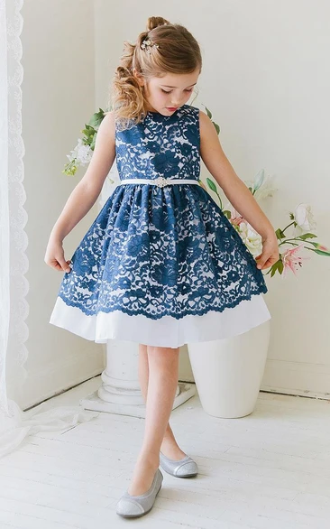 Tea-Length Beaded Floral Lace&Satin Flower Girl Dress With Ribbon
