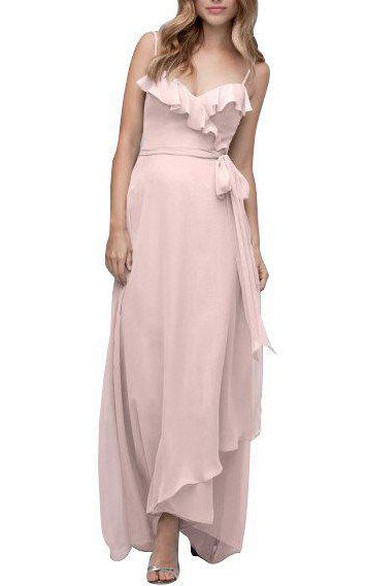 Spagetti Straps Wrap Tea-length Chiffon Bridesmaid Dress