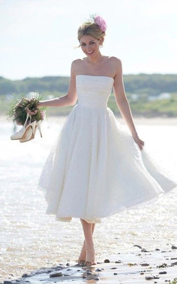 Tea-length Strapless A-line Simple Beach Ruched Casual Wedding Dress