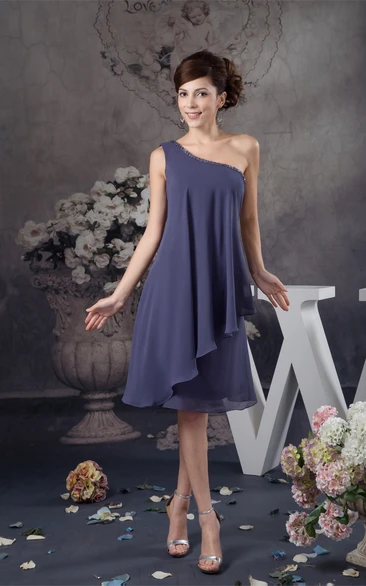 One-Shoulder Knee-Length Chiffon Draping and Dress With Beading
