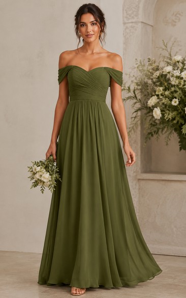 Dark Green Off-the-Shoulder Chiffon A-Line Bridesmaid Dress