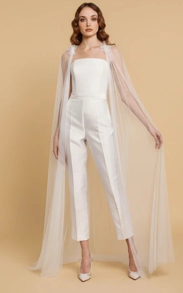 Strapless Tulle Cape Floral Decor Wide Leg Wedding Jumpsuit