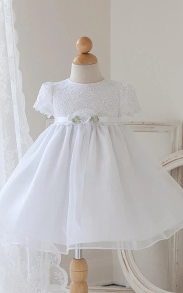 Tea-Length Floral Bowed Lace&Organza Flower Girl Dress With Ribbon