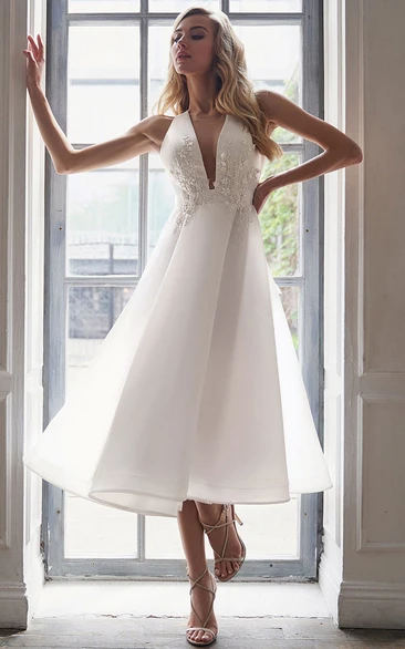 Sleeveless Plunged Satin Tea-length Wedding Dress with Applique Top