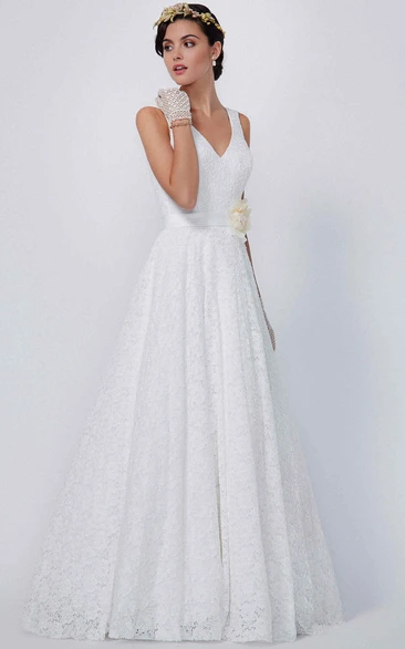 A-Line Floor-Length Floral Sleeveless V-Neck Lace Wedding Dress
