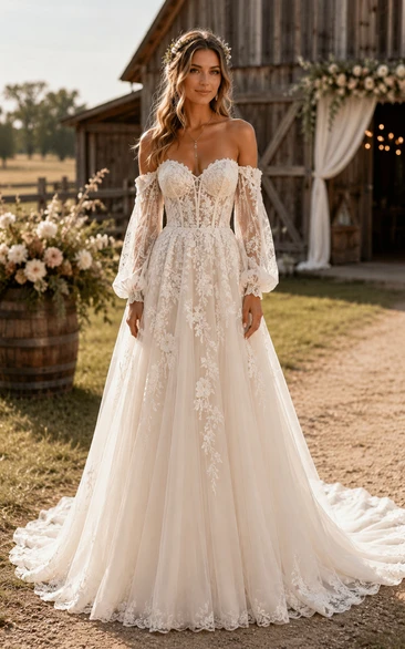 Off-the-Shoulder A-Line Lace Country Wedding Dress with Puff Sleeves and Train