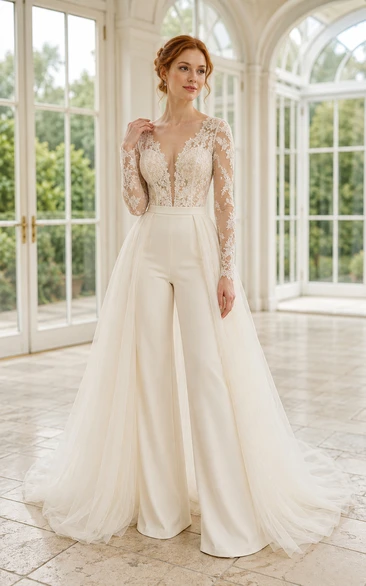 Combinaison de mariée blanche en dentelle à manches longues et traîne.