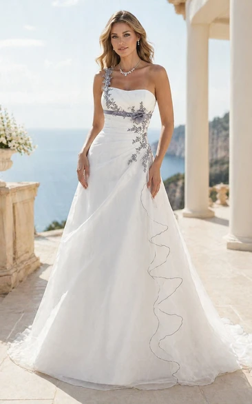 A-Line Long Sleeveless One-Shoulder Appliqued Satin Wedding Dress With Flower And Side Draping