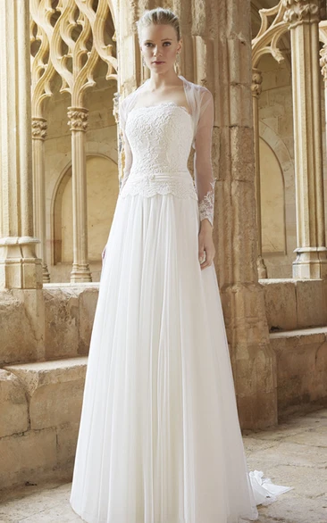 Sheath Strapless Long-Sleeve Pleated Chiffon Wedding Dress With Cape
