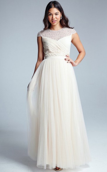 Maxi Criss-Cross Sleeveless Scoop Neck Tulle Bridesmaid Dress