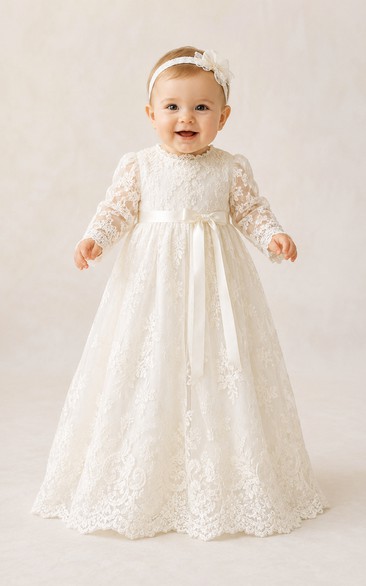 Baby Christening Gown Modest Princess Ball Gown Short Sleeve Tulle Lace Floor-Length with Bow Sash in Ivory