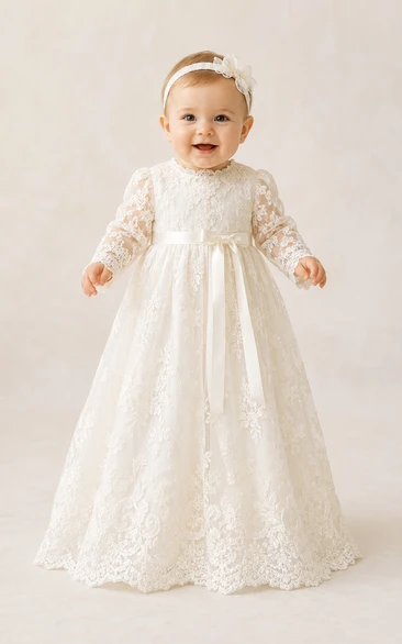 Baby Christening Gown Modest Princess Ball Gown Short Sleeve Tulle Lace Floor-Length with Bow Sash in Ivory