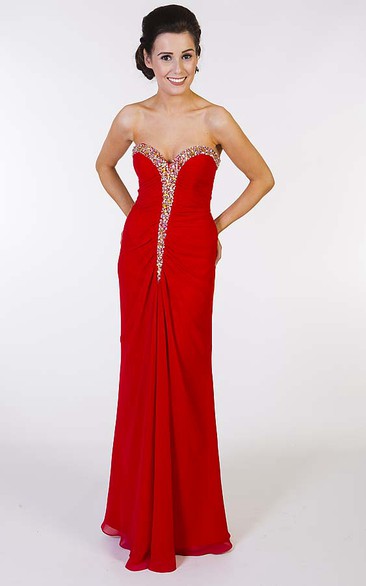 Sheath Floor-Length Beaded Sleeveless Sweetheart Chiffon Prom Dress With Low-V Back And Draping