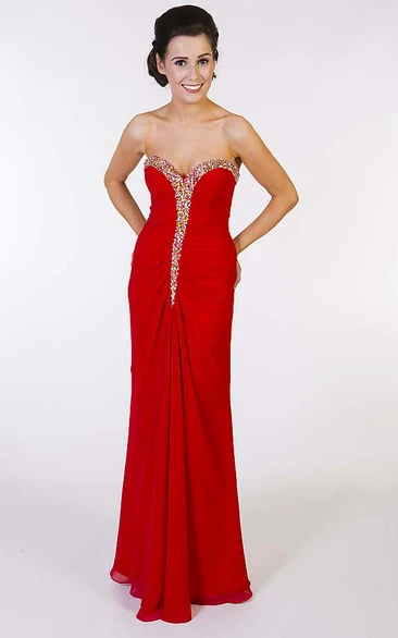 Sheath Floor-Length Beaded Sleeveless Sweetheart Chiffon Prom Dress With Low-V Back And Draping