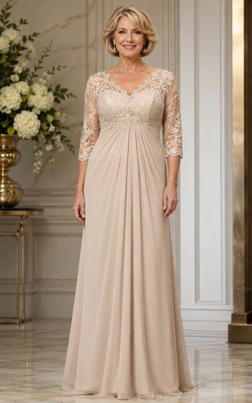 Champagne Empire A-Line Lace 3/4 Sleeve Mother Dress