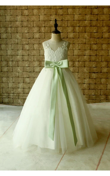 Lace Illusion Neckline Pleated Tulle Ball Gown With Keyhole and Bows