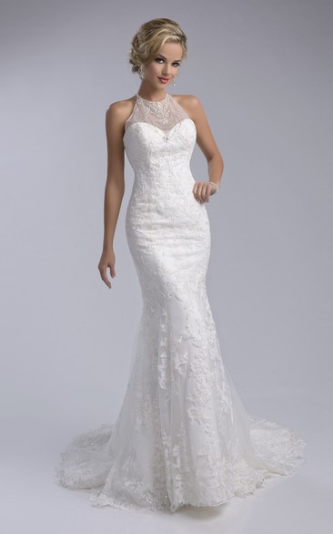 Halter Mermaid Sleeveless Lace Wedding Dress With Lace-Up Back