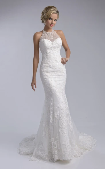Halter Mermaid Sleeveless Lace Wedding Dress With Lace-Up Back