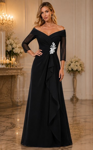 Schwarzes schulterfreies, langärmeliges Abendkleid für die Mutter der Braut