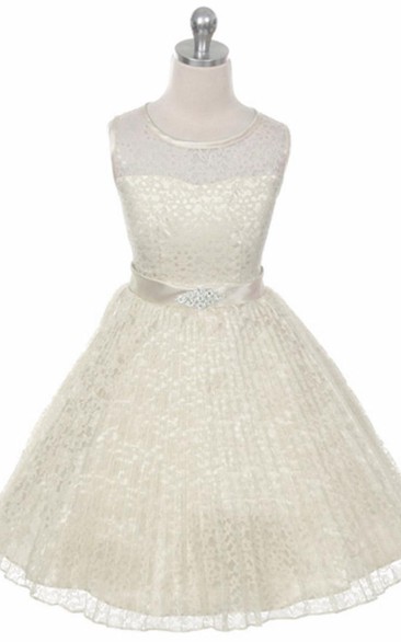 Tea-Length Illusion Pleated Lace&Satin Flower Girl Dress