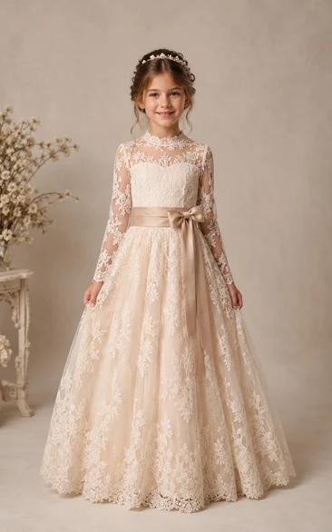 Long Sleeve Champagne Lace Flower Girl Ball Gown with Bow Sash