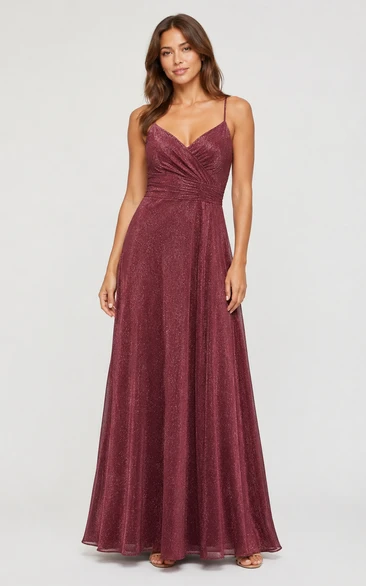 Burgundy Glitter Spaghetti Strap A-Line Formal Gown