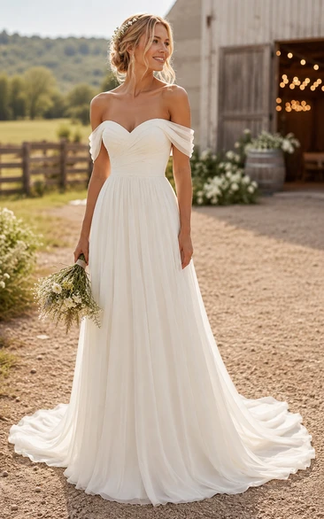 Off-the-Shoulder Chiffon A-Line Country Wedding Dress with Sweetheart Bodice