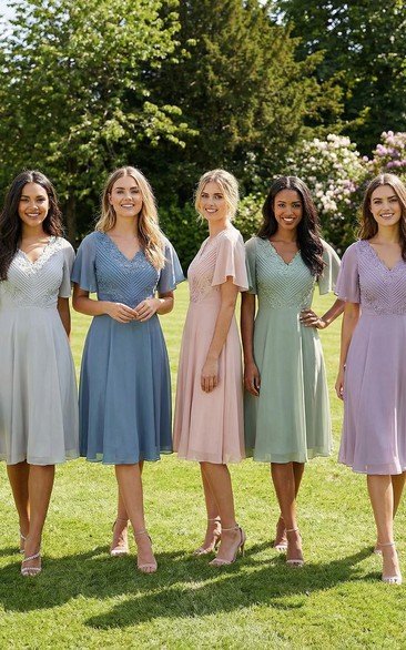 V-Neck Poet Sleeve Knee-Length Chiffon Gown