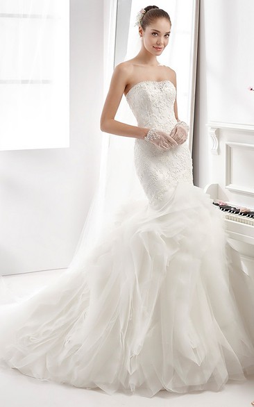Strapless Appliqued Mermaid Wedding Dress With Ruffled Train And Sequins