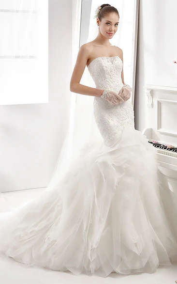 Strapless Appliqued Mermaid Wedding Dress With Ruffled Train And Sequins