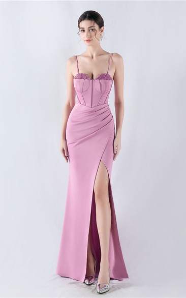 Fishbone Waist Set Crystal Diamond Satin Host Evening Dress