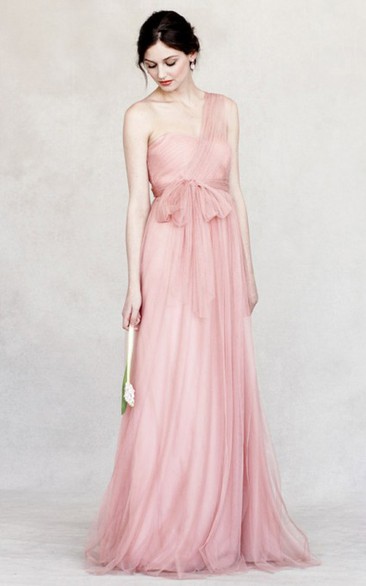 Sleeveless Bowed One-Shoulder Tulle Bridesmaid Dress