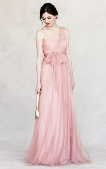 Sleeveless Bowed One-Shoulder Tulle Bridesmaid Dress