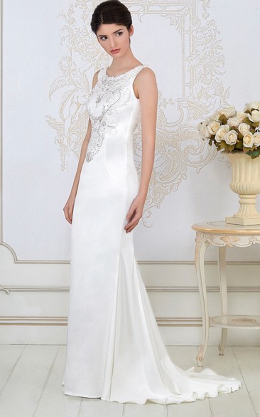 Sheath Sleeveless Beaded Scoop-Neck Maxi Satin Wedding Dress
