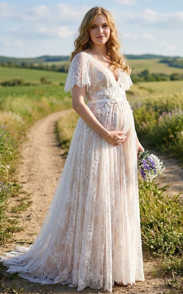 Sheer Lace Maternity Boho Wedding Dress with Flutter Sleeves and Blush Lining